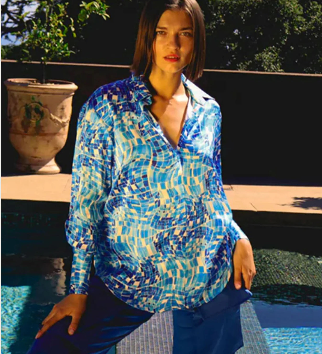 CATHERINE GEE/Daria French Cuff Silk Blouse/Blue Steel