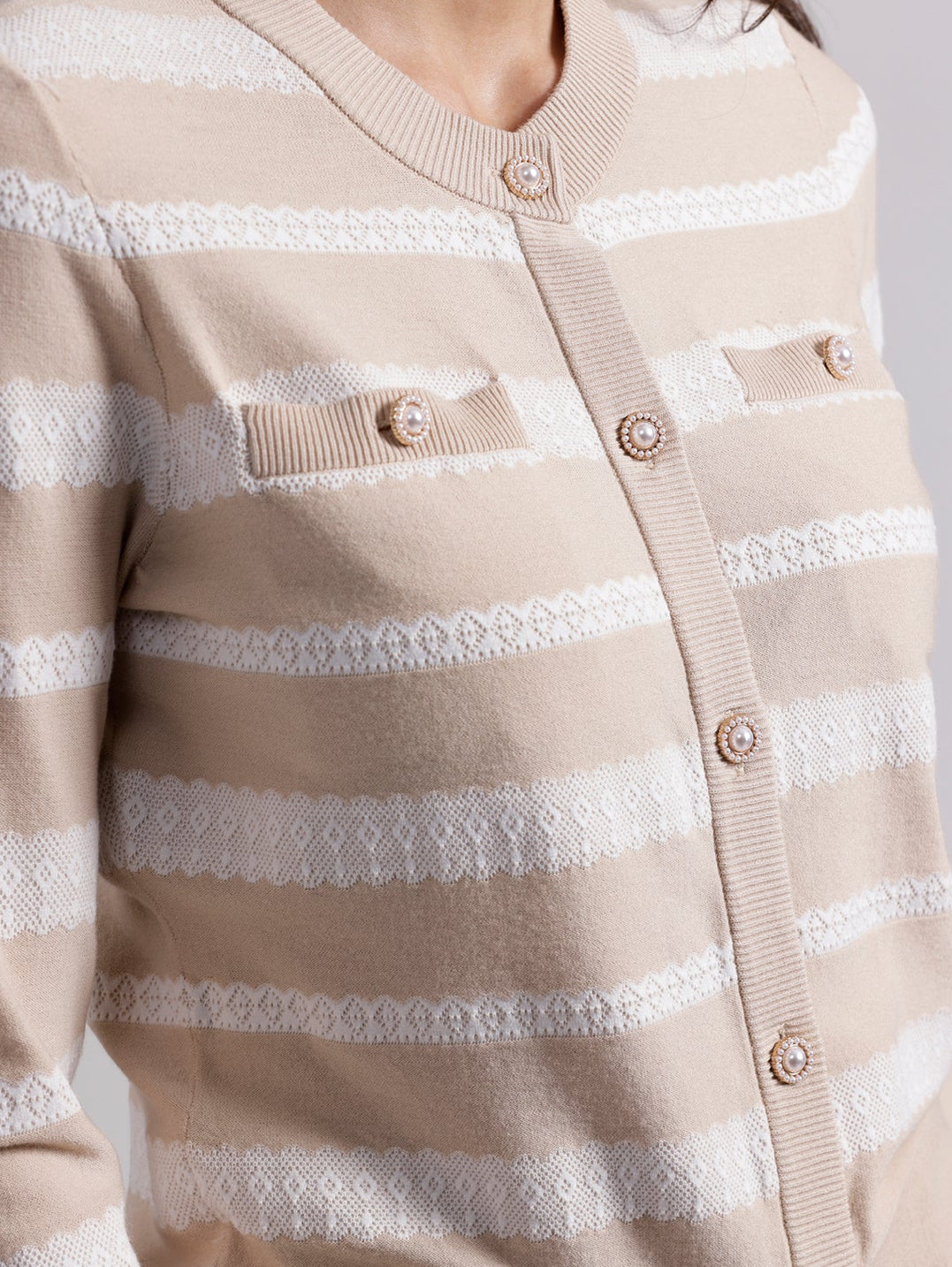 MINNIE ROSE | VISCOSE LACE STRIPE CARDI | BROWN SUGAR