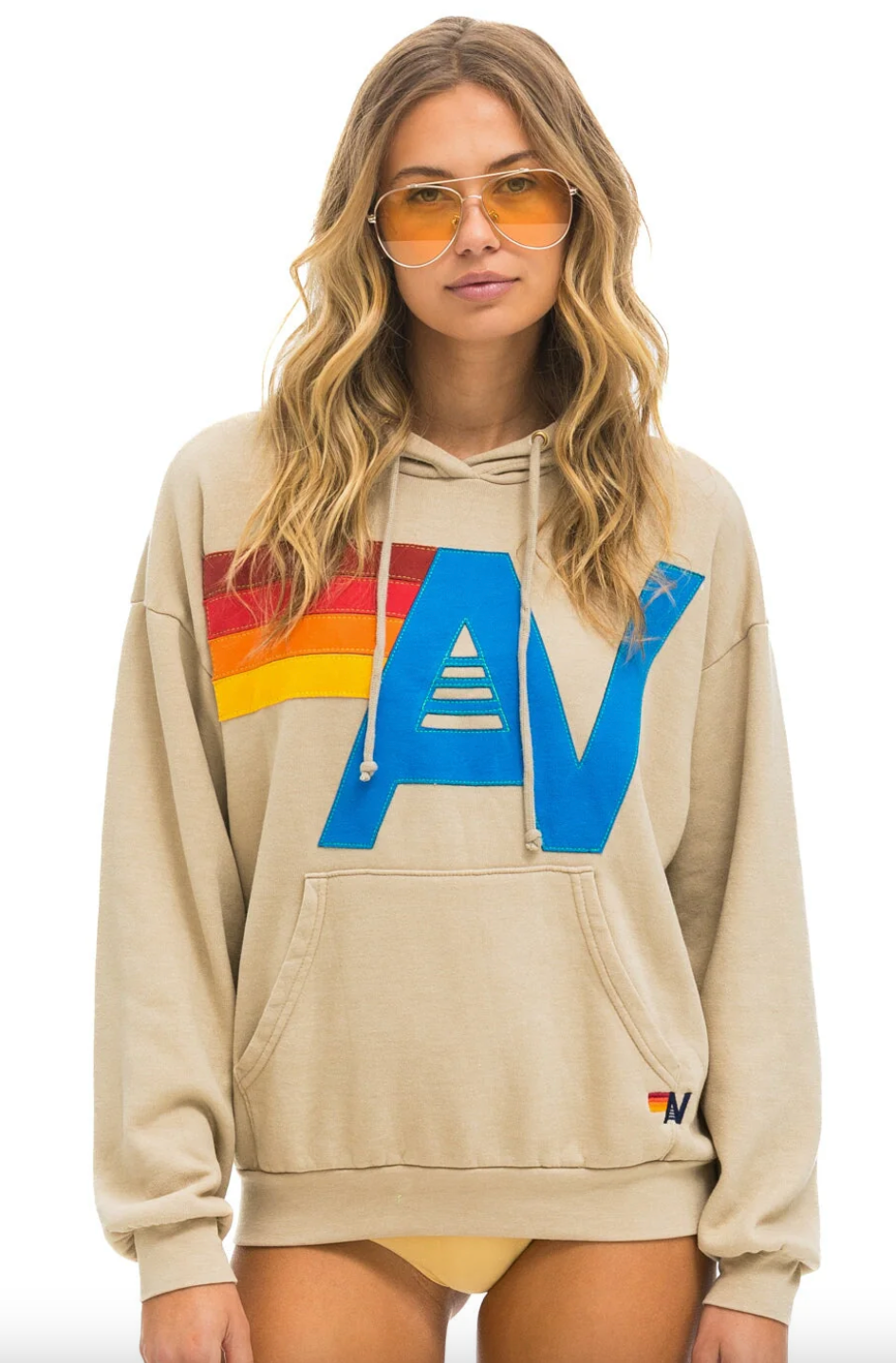 Aviator Nation/ Logo Stitch Pullover Hoodie Relaxed/ Sand
