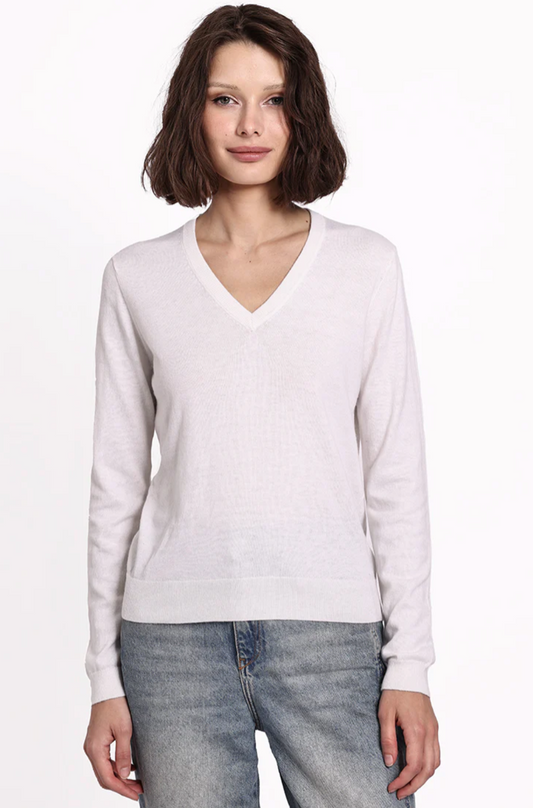 MINNIE ROSE | SUPIMA COTTON VNECK LS TEE | WHITE