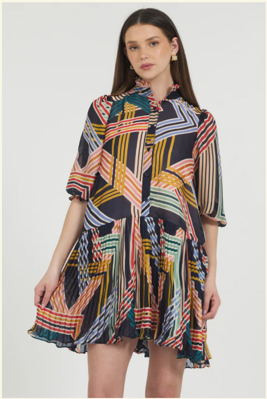 STELLAH | GEO PRINT MINI DRESS W/ PLEATED SKIRT