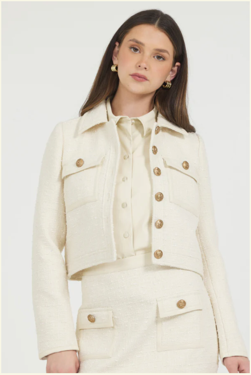 STELLAH | TWEED JACKET W/ LEATHER TRIM | CREAM