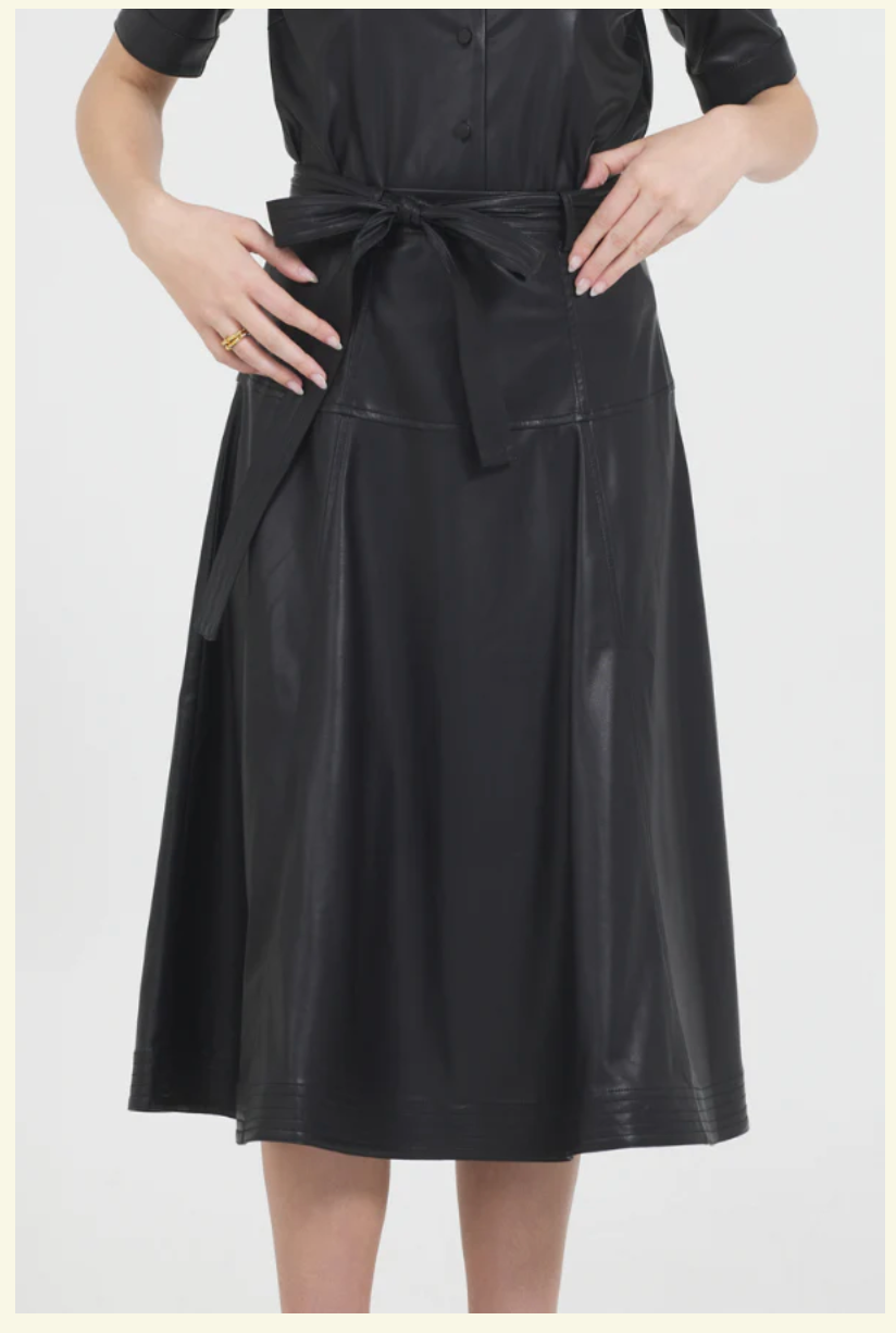 STELLAH | VEGAN LEATHER BELTED MIDI SKIRT | BLACK