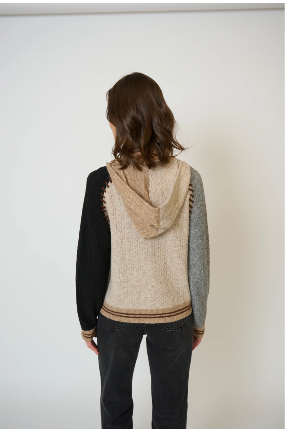 CENTRAL PARK WEST | FAYE CABLED HOODIE W/WHIPSTITCH | BLACK/BROWN