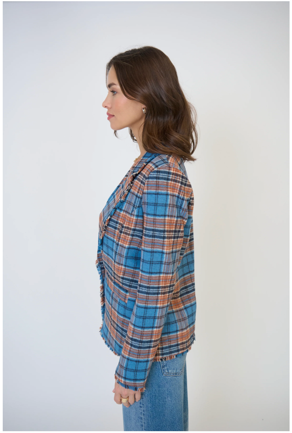CENTRAL PARK WEST | ELYSE PLAID FRINGE BLAZER | BLUE/ORANGE