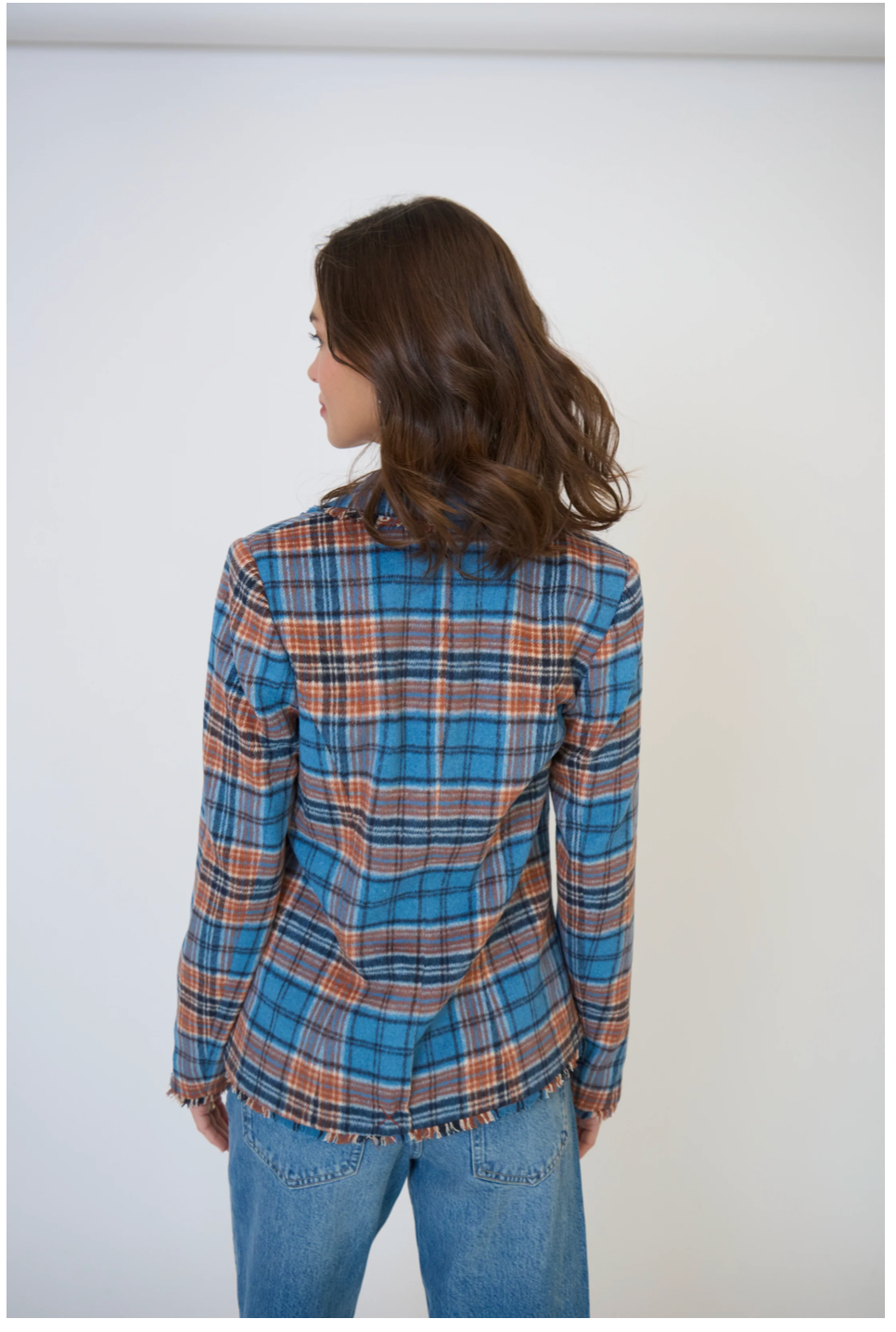 CENTRAL PARK WEST | ELYSE PLAID FRINGE BLAZER | BLUE/ORANGE