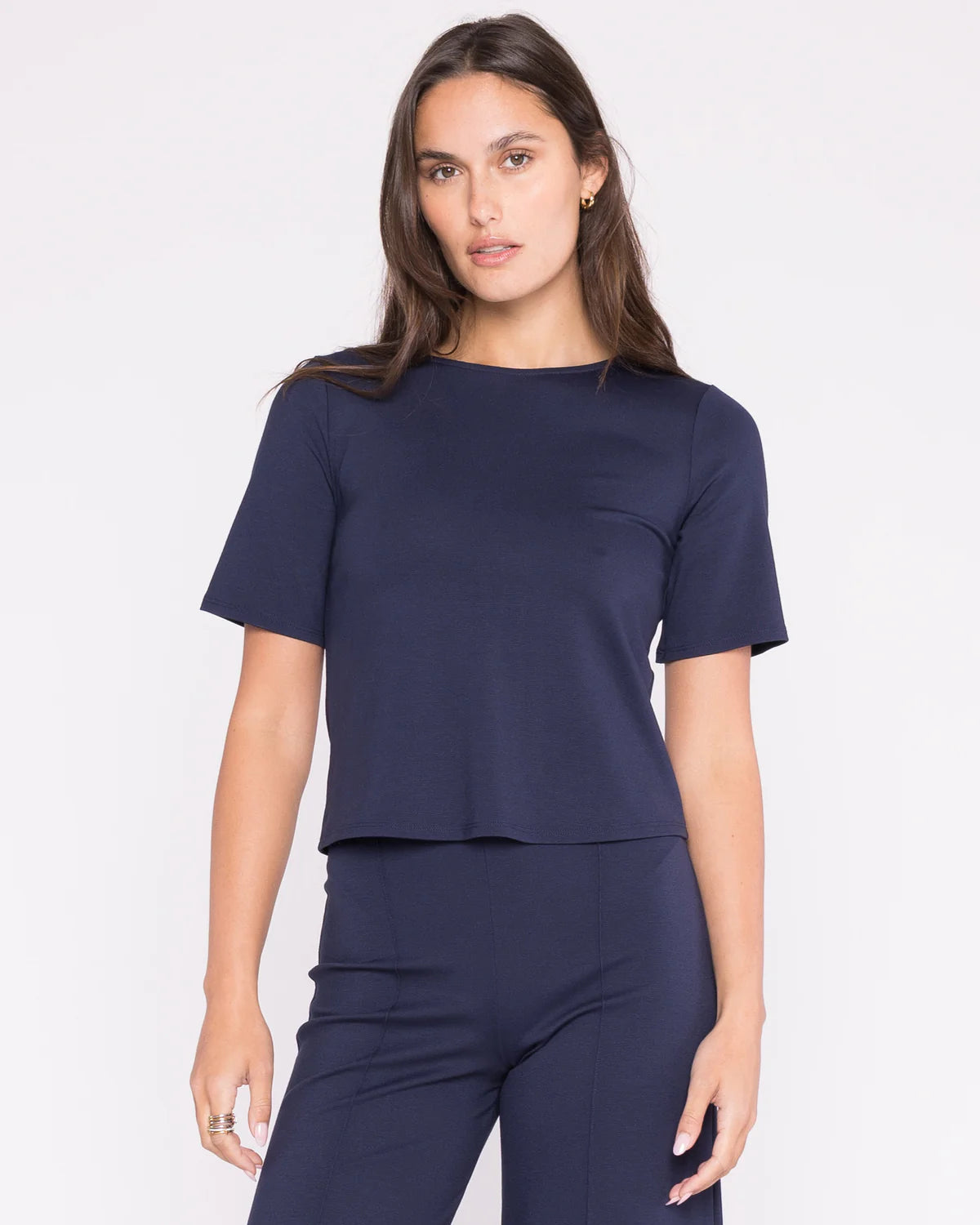 RIPLEY RADER/Ponte Knit Short Sleeve Top Extended/Navy