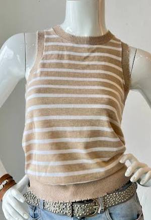 MINNIE ROSE | COTTON CASHMERE FULL NEEDLE STRIPED TANK | BROWN SUGAR