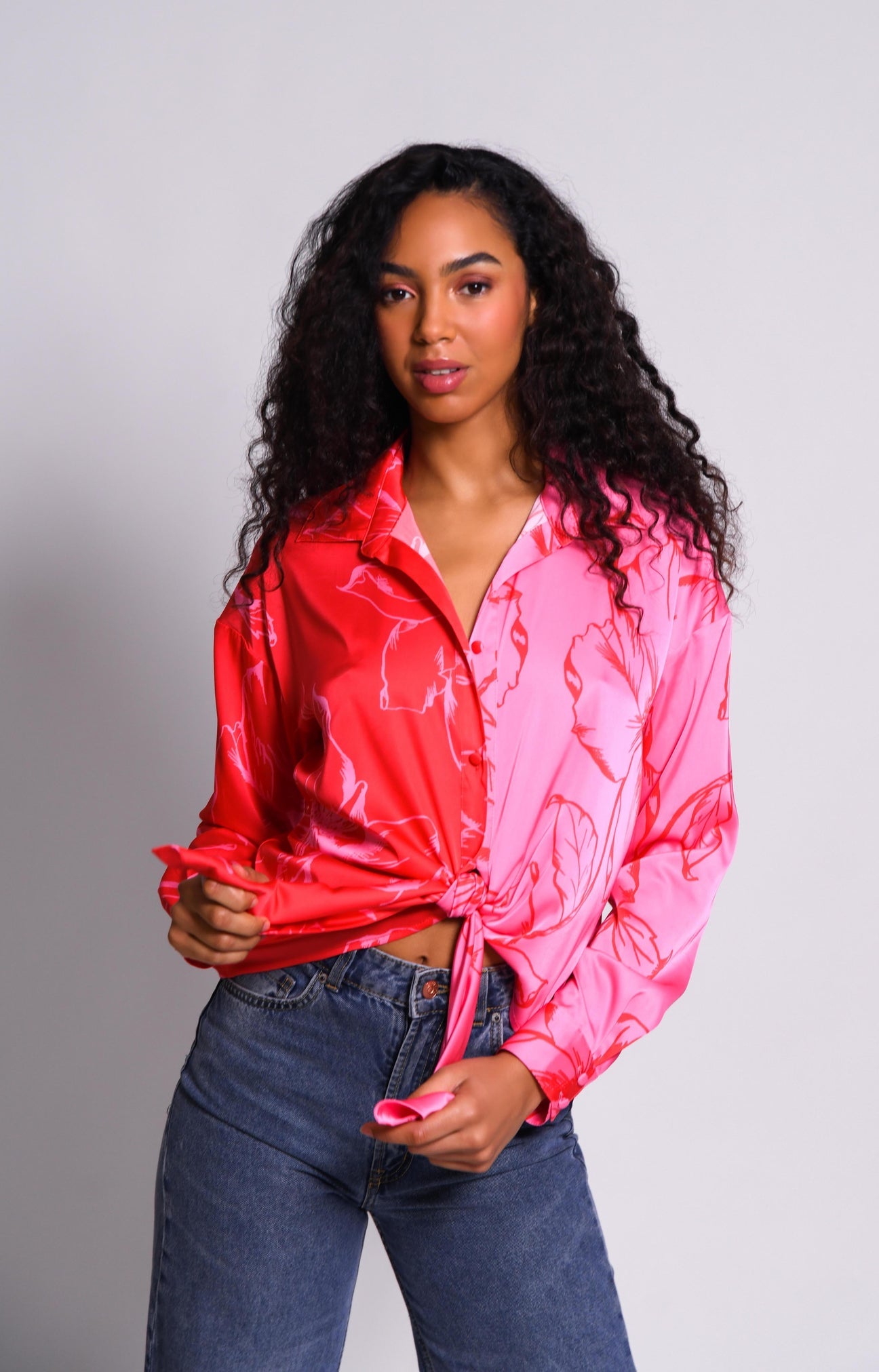 Hutch Robbie Top Split Print Button Up Pink and Red