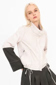 ELAINE KIM | SOFT TECH MOCK NECK ZIP JACKET WITH LINEN CONTRAST | OYSTER