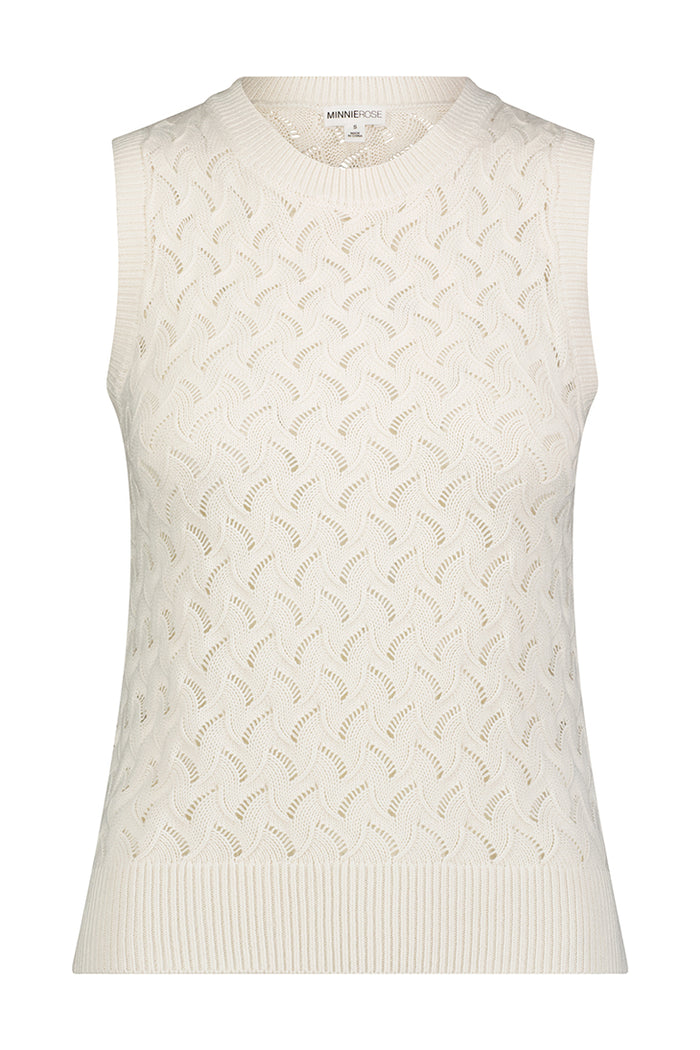 Minnie Rose Cotton Cashmere Pointelle Sleeveless Top White