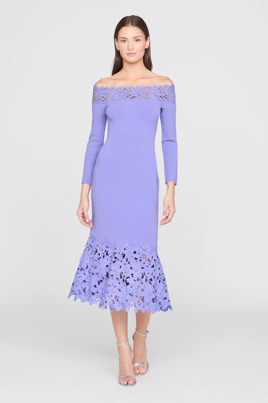 THEIA | SIA KNIT LACE MIDI DRESS | DEEP PERIWINKLE