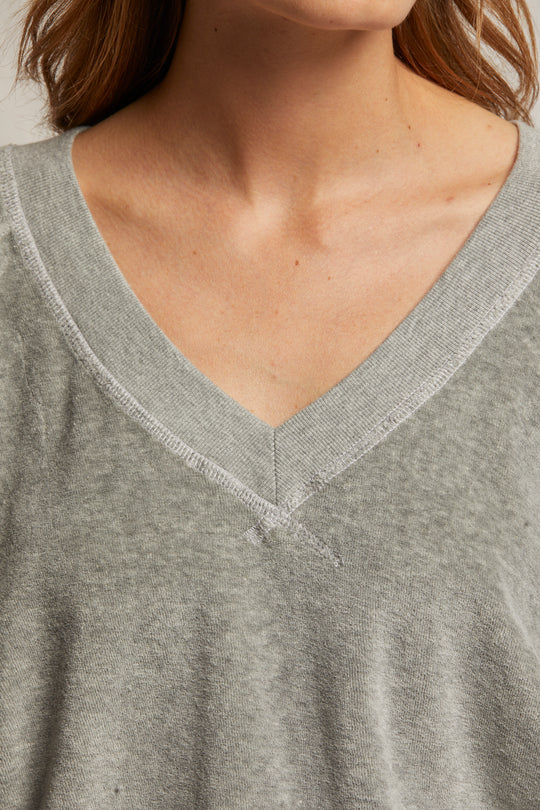 Perfect White Tee/ Velour Relaxed Long Sleeve V Neck/ Heather Grey