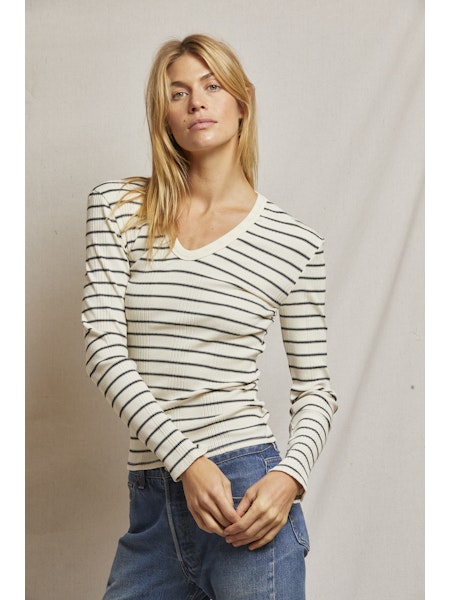 Robyn Rib Stripe Luxe Long Sleeve U Neck/ Sugar// Black Stripe