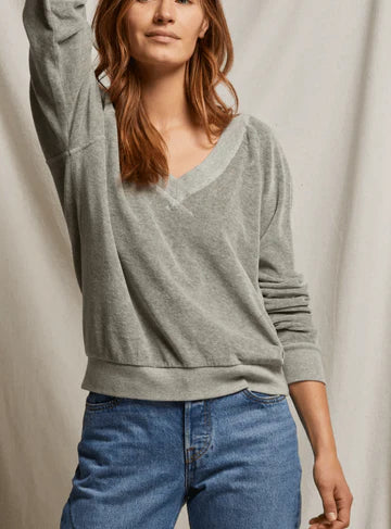 Perfect White Tee/ Velour Relaxed Long Sleeve V Neck/ Heather Grey