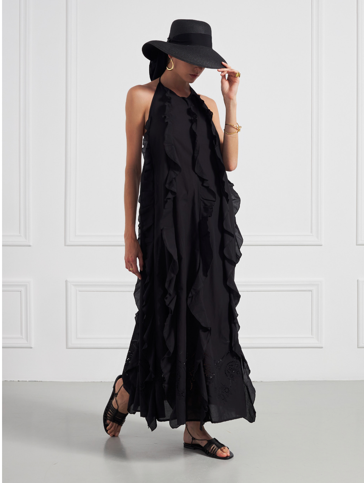 Lace Long Ruffle Dress Black