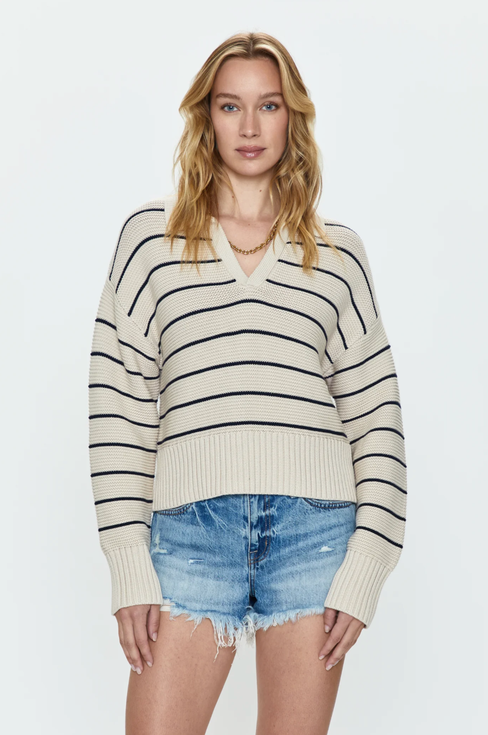PISTOLA | Arlo Polo Sweater | Dove Navy Stripe