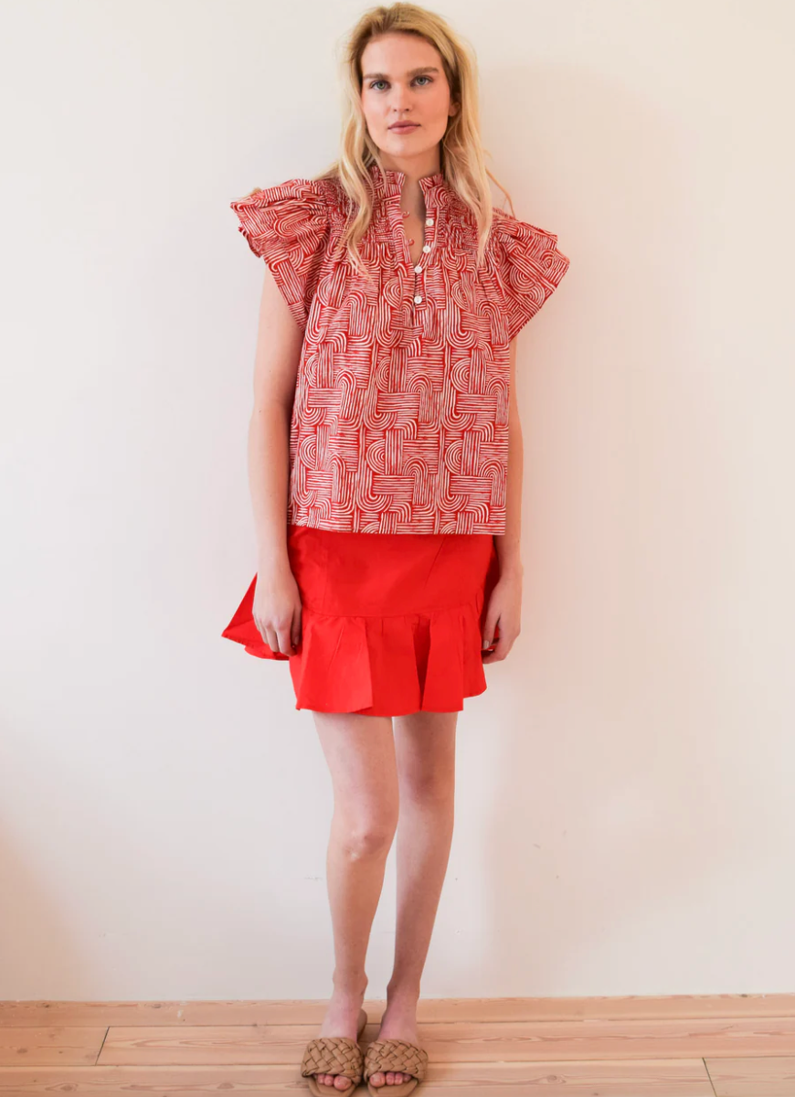 Never A Wallflower/ Smocked Top Red Swirl