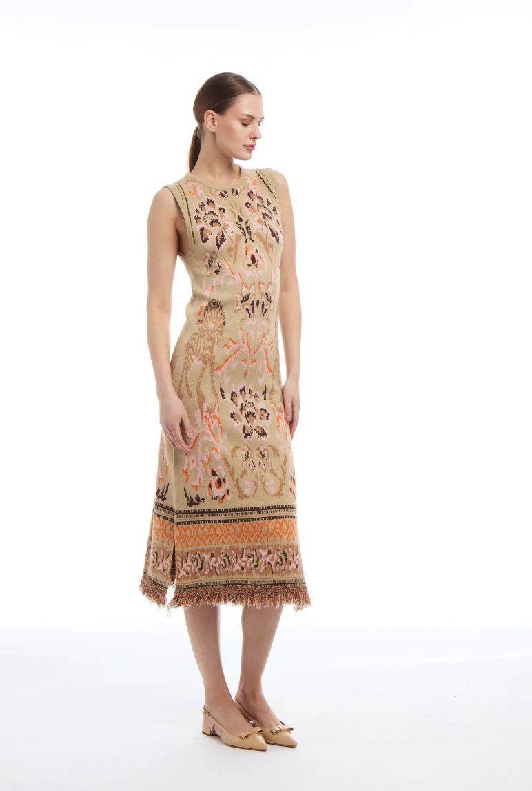 PATTY KIM | CAMILLE KNIT JACQUARD DRESS | CAMEL JACQUARD