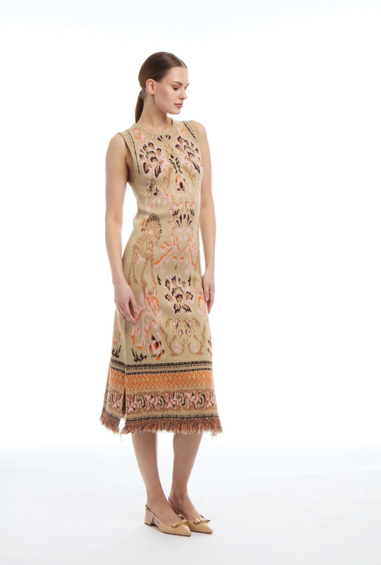 PATTY KIM | CAMILLE KNIT JACQUARD DRESS | CAMEL JACQUARD
