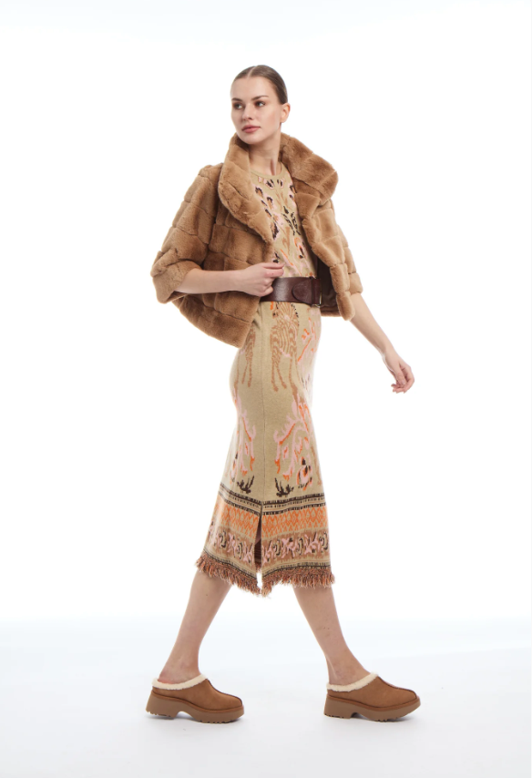 PATTY KIM | CAMILLE KNIT JACQUARD DRESS | CAMEL JACQUARD