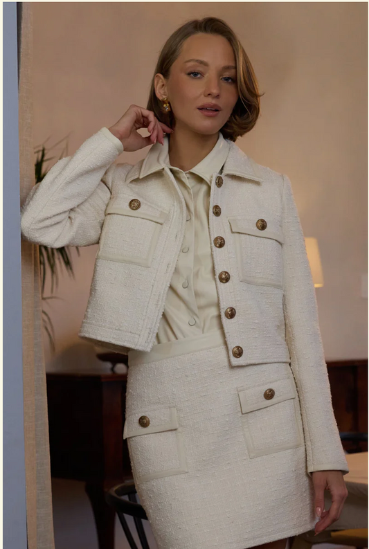 STELLAH | TWEED JACKET W/ LEATHER TRIM | CREAM