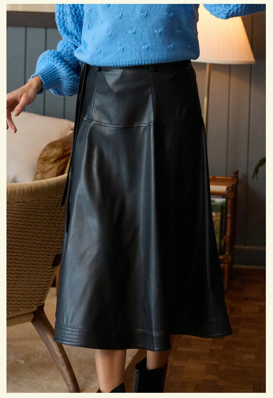 STELLAH | VEGAN LEATHER BELTED MIDI SKIRT | BLACK
