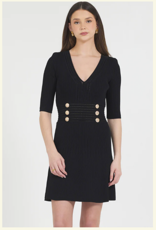 STELLAH | FITTED KNIT DRESS WITH GOLD BUTTON DETAILS | BLACK