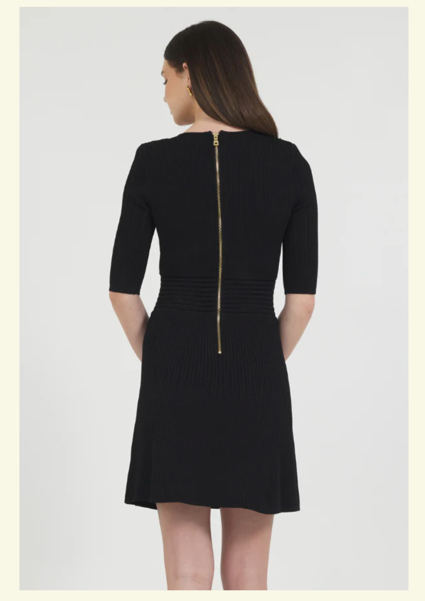 STELLAH | FITTED KNIT DRESS WITH GOLD BUTTON DETAILS | BLACK