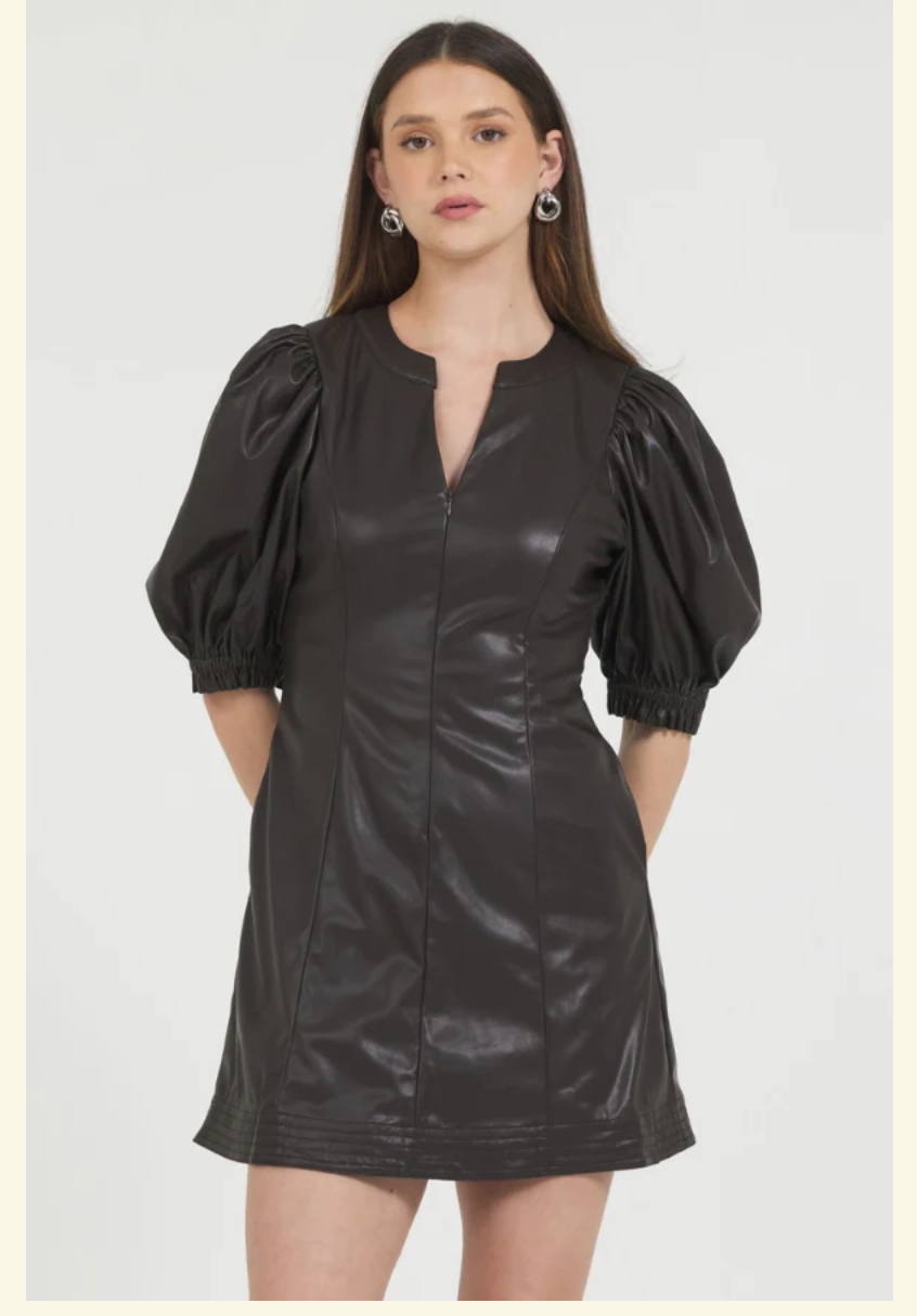 STELLAH | VEGAN LEATHER SPLIT NECK PUFF SLEEVE DRESS | CHOCOLATE