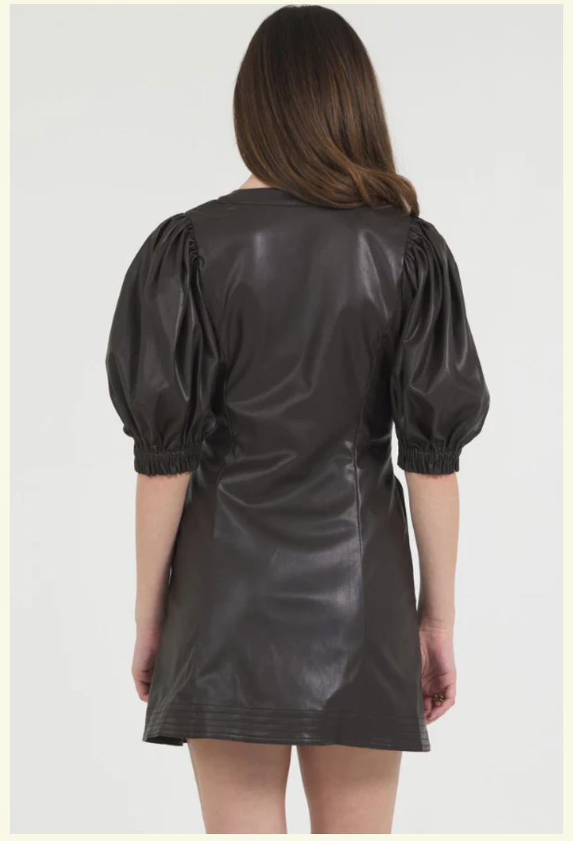 STELLAH | VEGAN LEATHER SPLIT NECK PUFF SLEEVE DRESS | CHOCOLATE