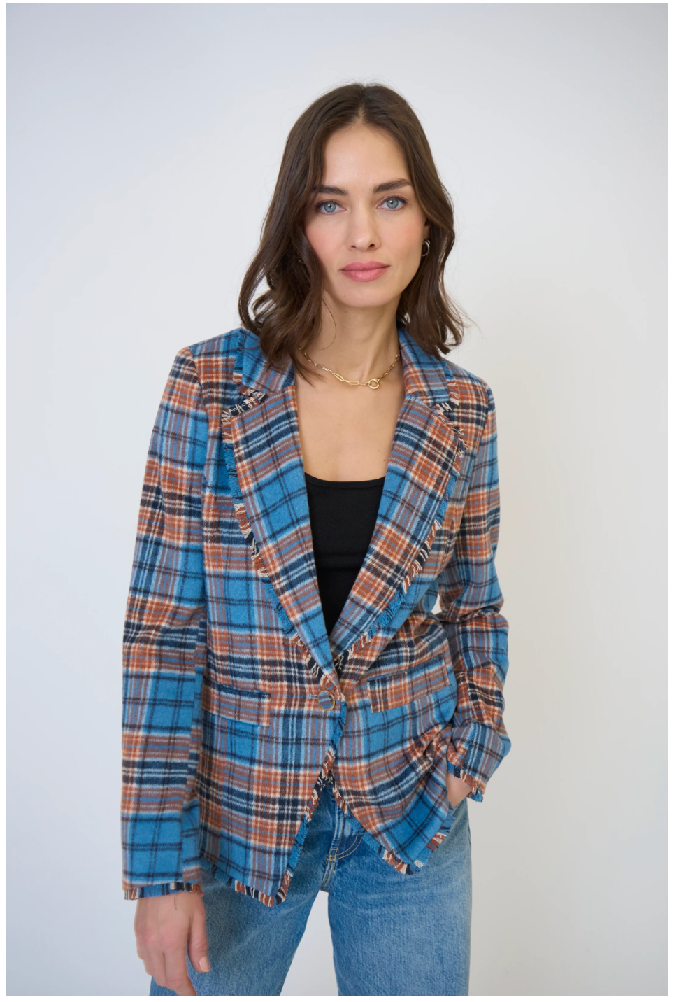 CENTRAL PARK WEST | ELYSE PLAID FRINGE BLAZER | BLUE/ORANGE