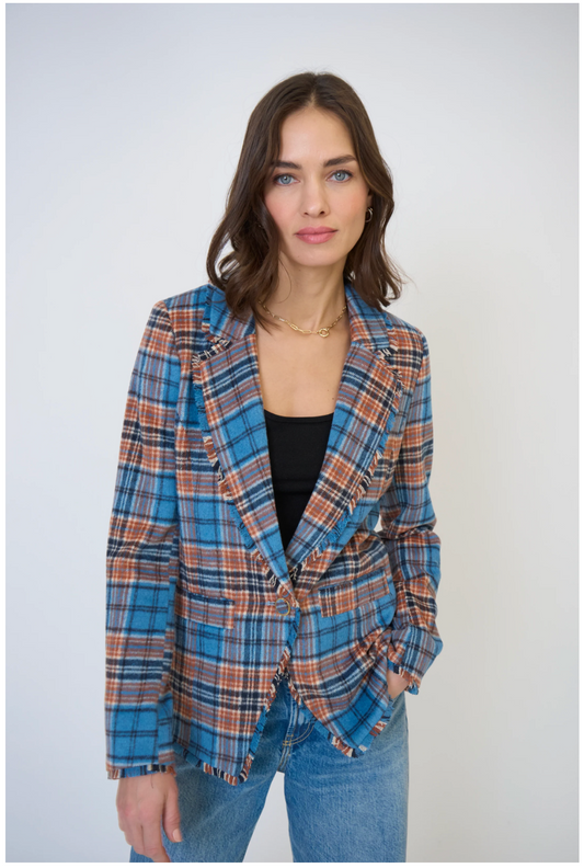 CENTRAL PARK WEST | ELYSE PLAID FRINGE BLAZER | BLUE/ORANGE