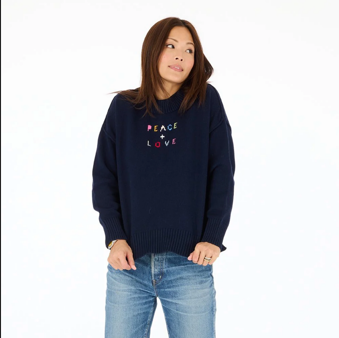 KERRI ROSENTHAL | BOYFRIEND PEACE & LOVE SWEATER | INDIGO BLUE