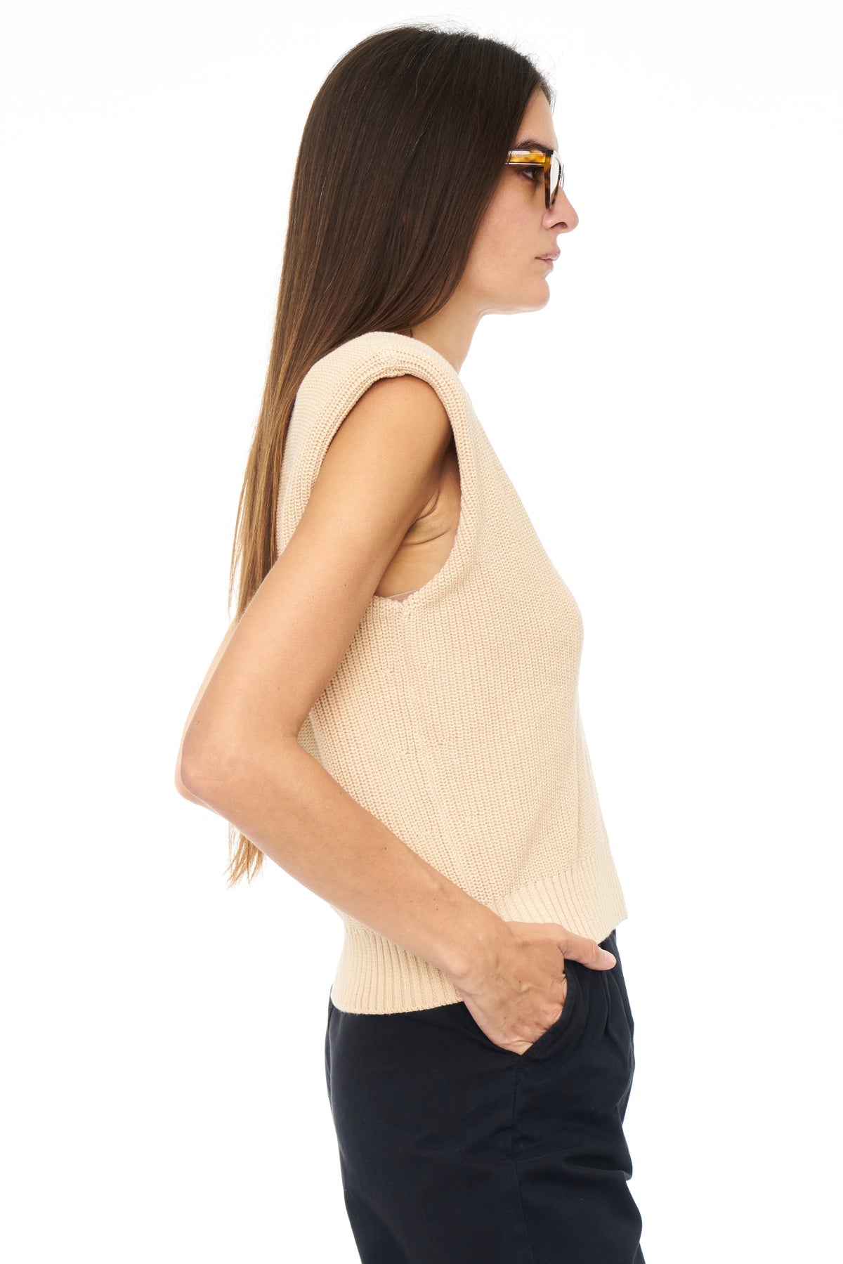 PISTOLA | Bella Sleeveless Shoulder Pad Sweater | Agave