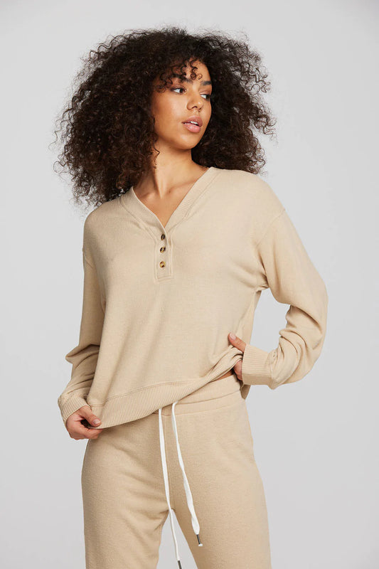 Chaser | Henley Long Sleeve Knit With Rib | Cappuccino