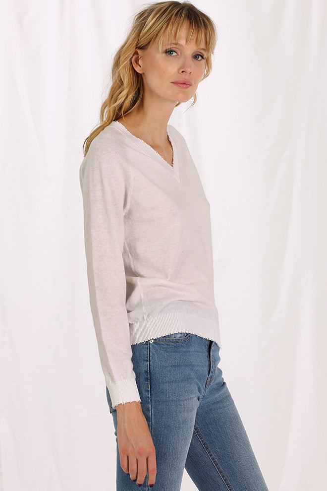 Minnie Rose | Fine Cotton/Cashmere Distressed Long Sleeve | White
